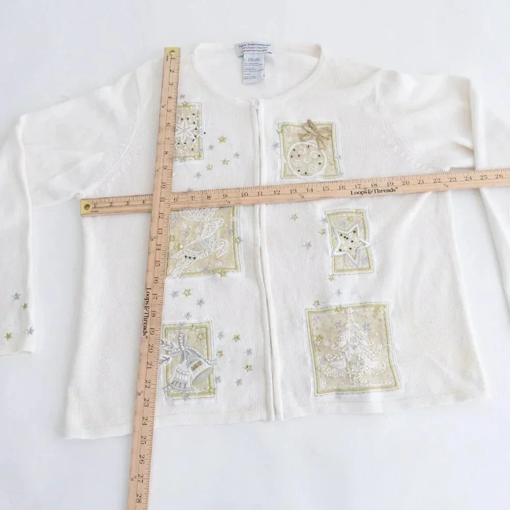 Vintage Tiara Cream Ugly Christmas Beaded Reindeer Zip Up Cardigan Sweater XL - Picture 4 of 16